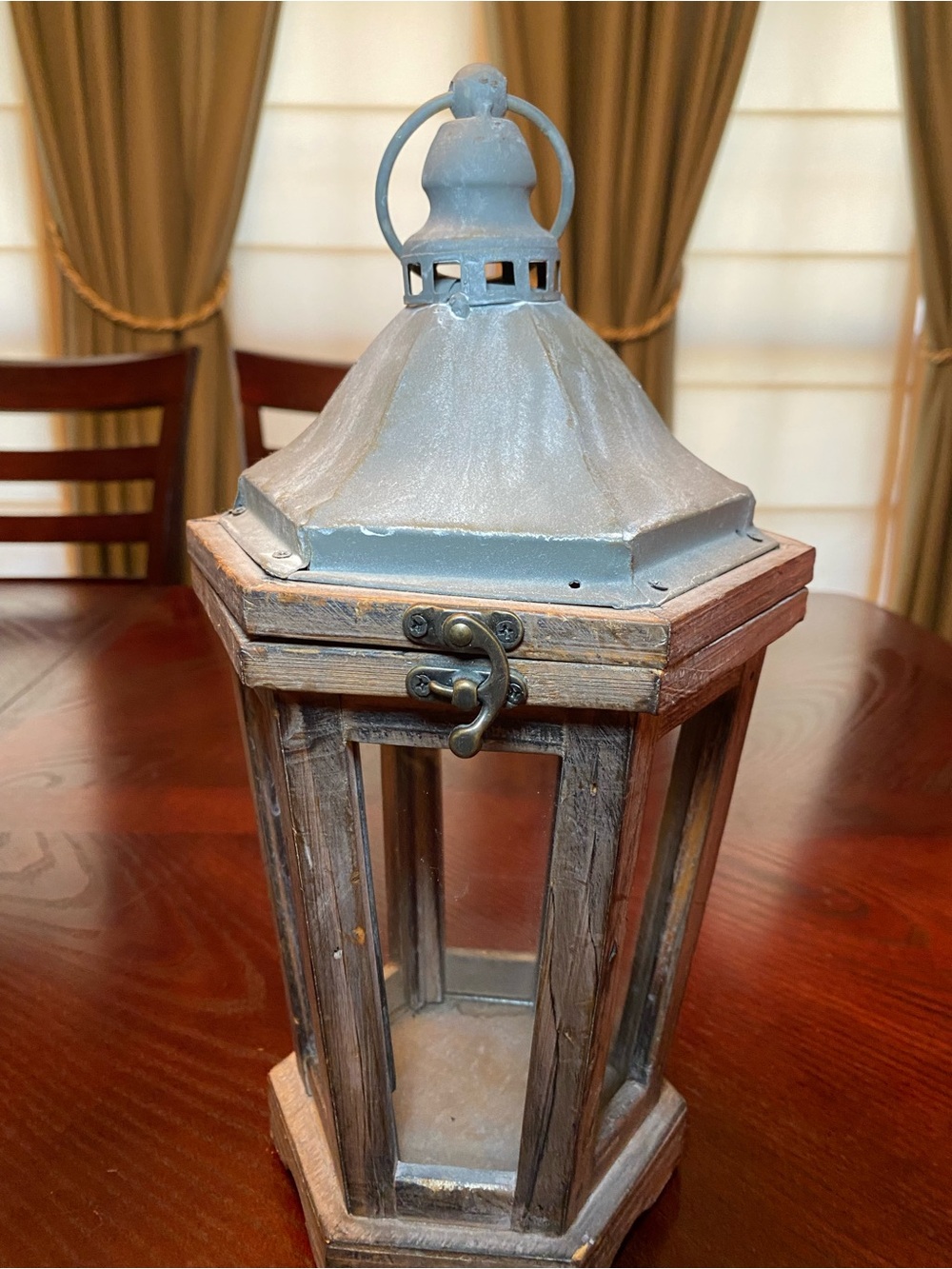 Rustic Distressed Wood, Metal Glass, Hexagon Hanging Lantern Brown/Gray 13.5 in